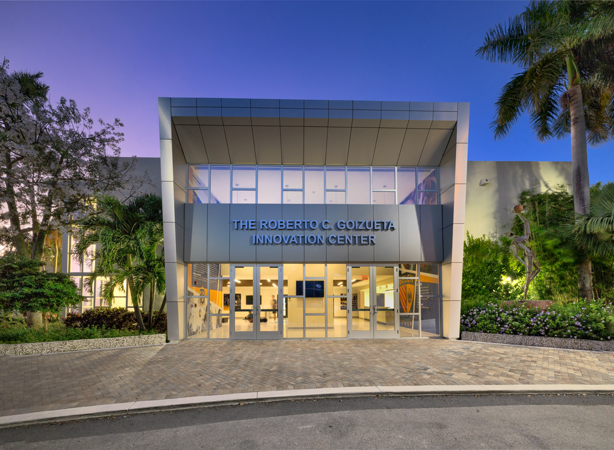 Dusk exterior of Belen Jesuit Innovation Ctr in Miami, FL.